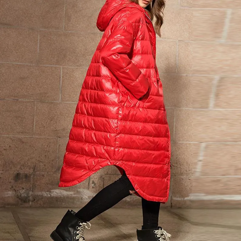 A -line Hooded Puffer Coat Long Winter Duck Down Jacket Loose Down Jacket Women 23220