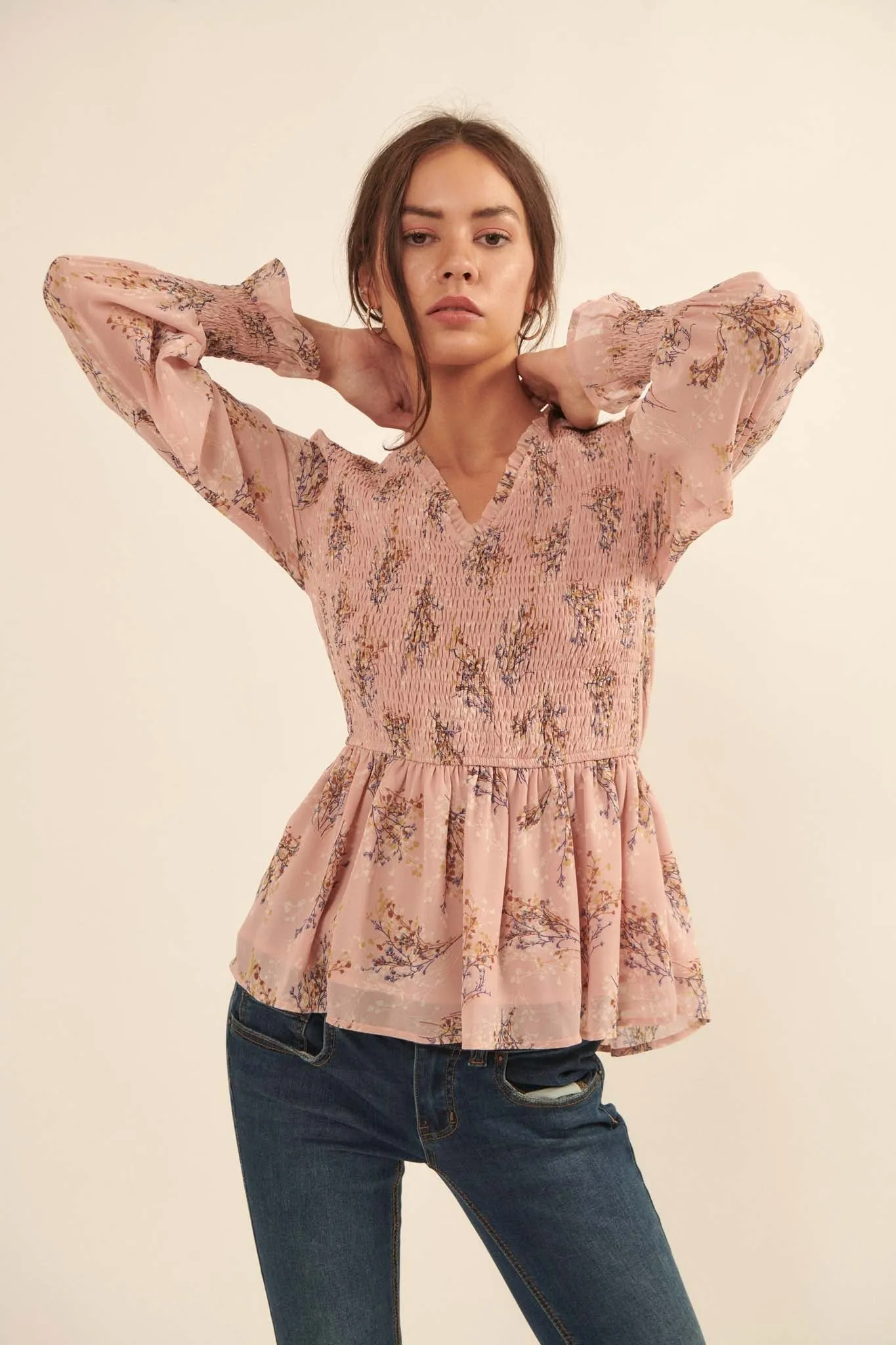 Budding Joy Smocked Floral Peasant Top