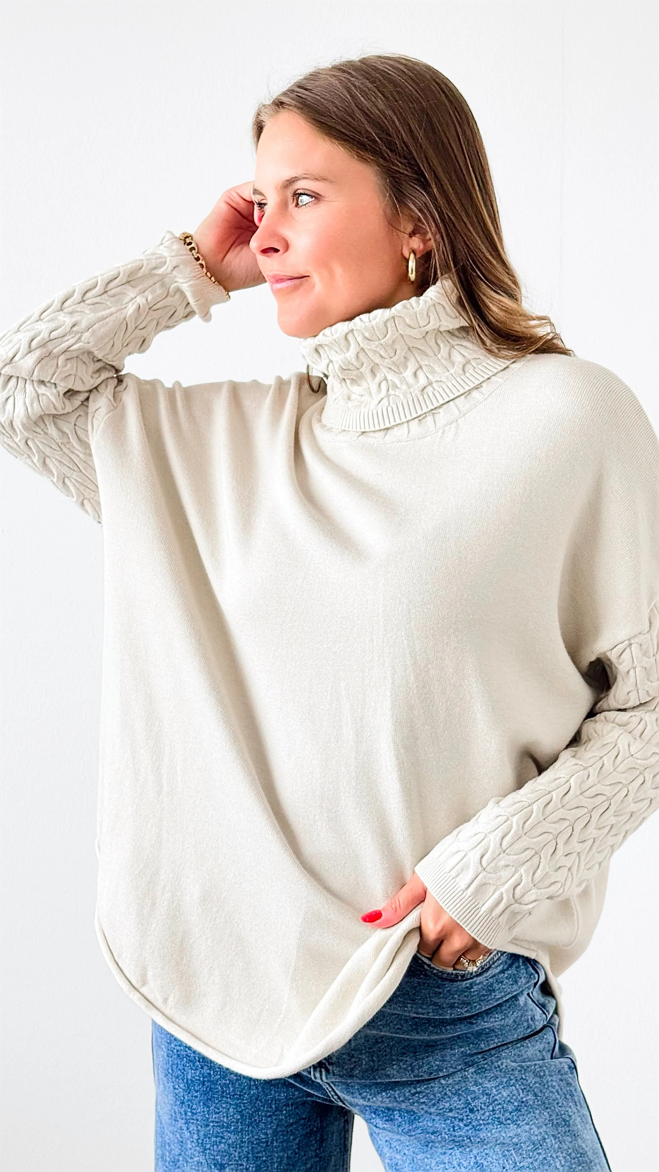 Cable Turtleneck Italian Sweater- Oyster