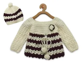 ChutPut Hand knitted Front Open Sweater For Baby Girls with Cap- Cream