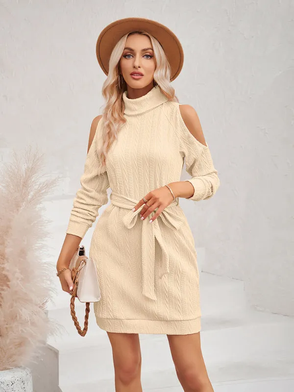 Cozy Knitted Cold Shoulder High Neck Sweater Dress with Belt