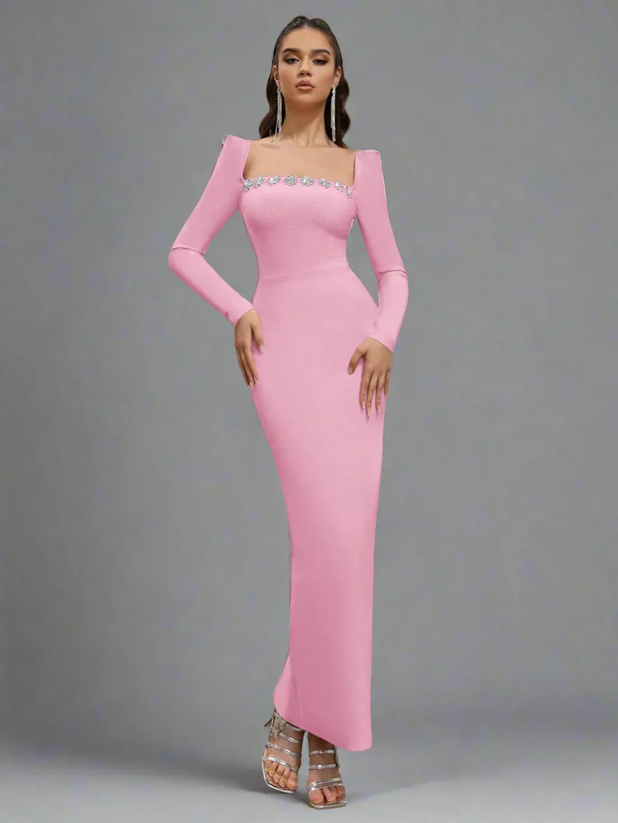 Crystal Embellish  Neck Dress_Pink