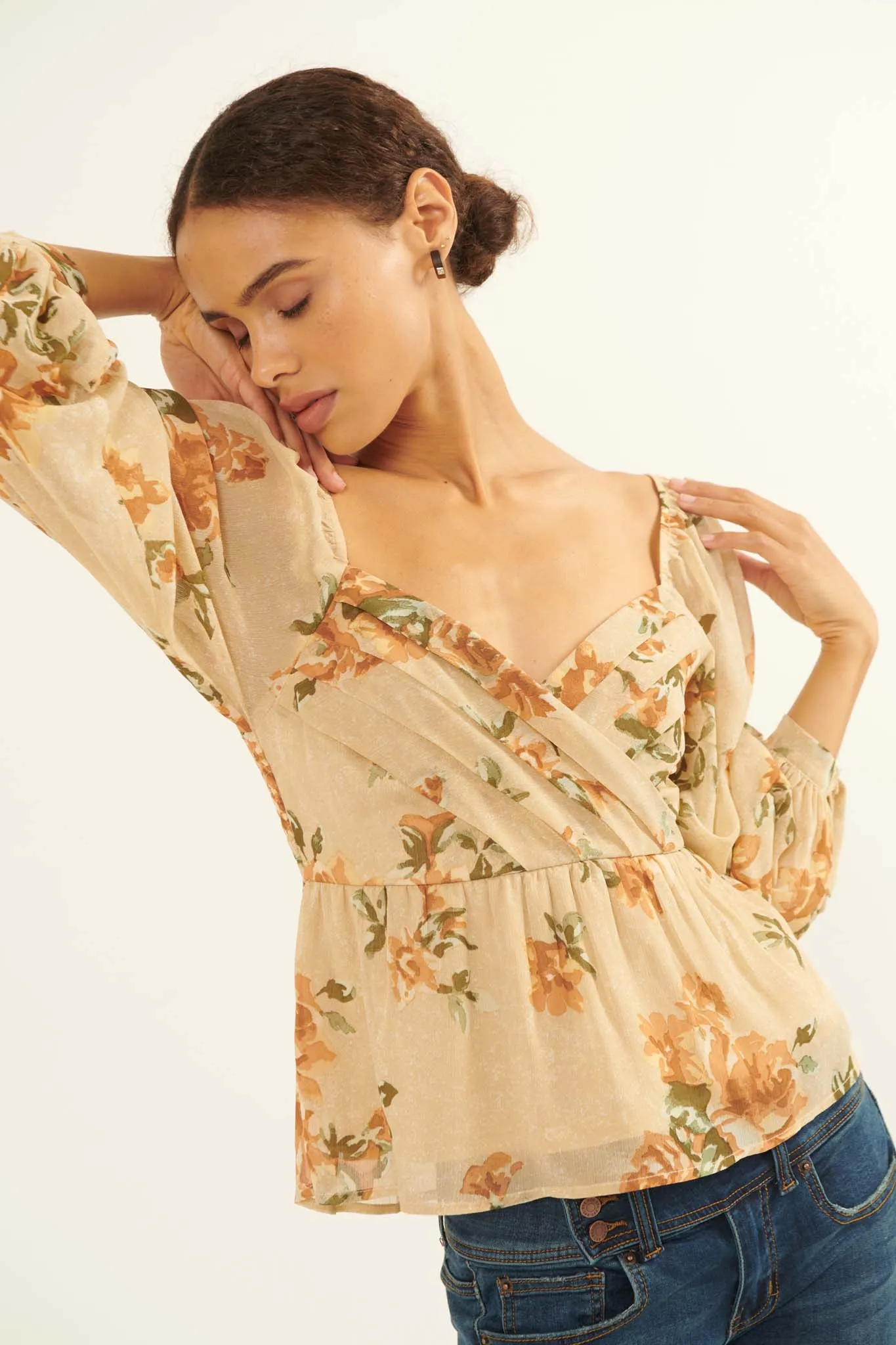 Enchanted Garden Floral Chiffon Peasant Top