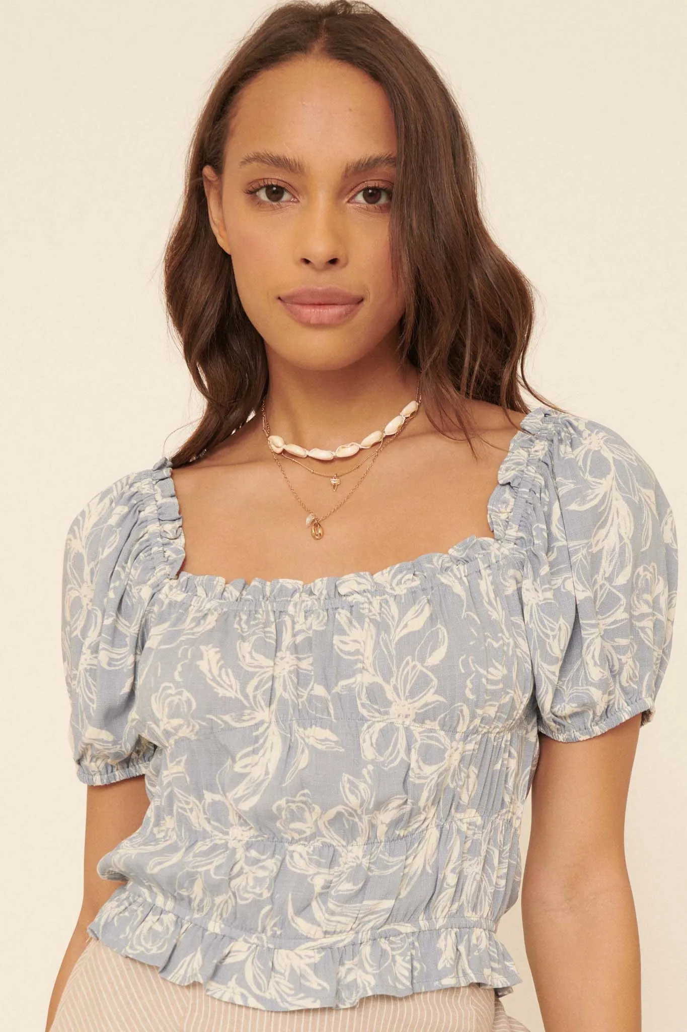 Endless Beauty Floral Puff-Sleeve Peasant Top