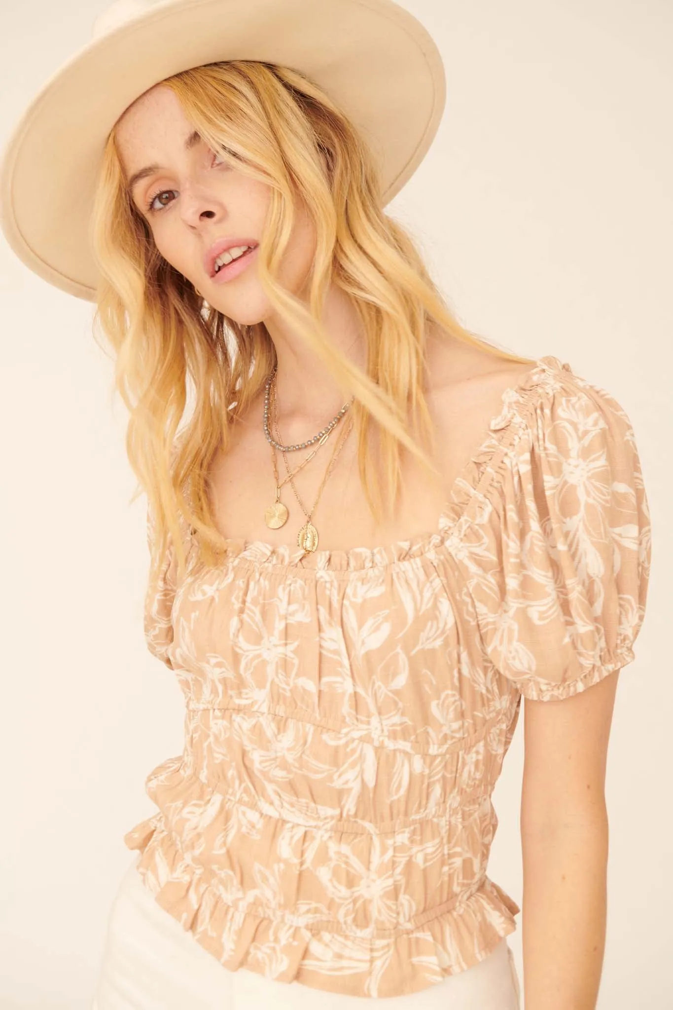 Endless Beauty Floral Puff-Sleeve Peasant Top