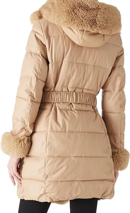 Giolshon Women Puffer Coat Faux Leather Long Padding Jacket with Belt