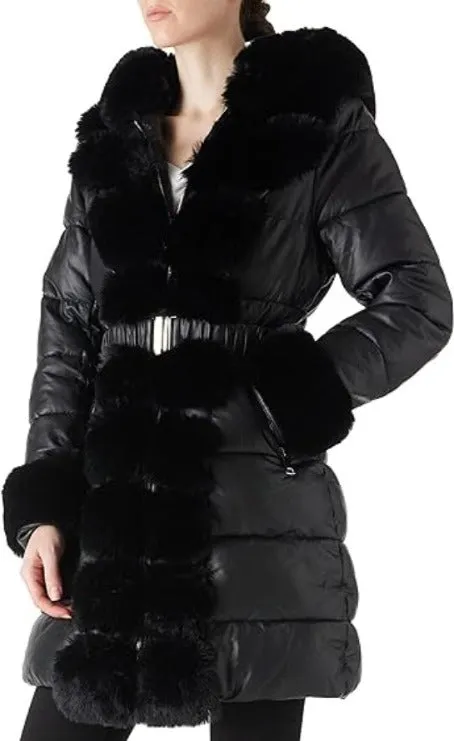 Giolshon Women Puffer Coat Faux Leather Long Padding Jacket with Belt