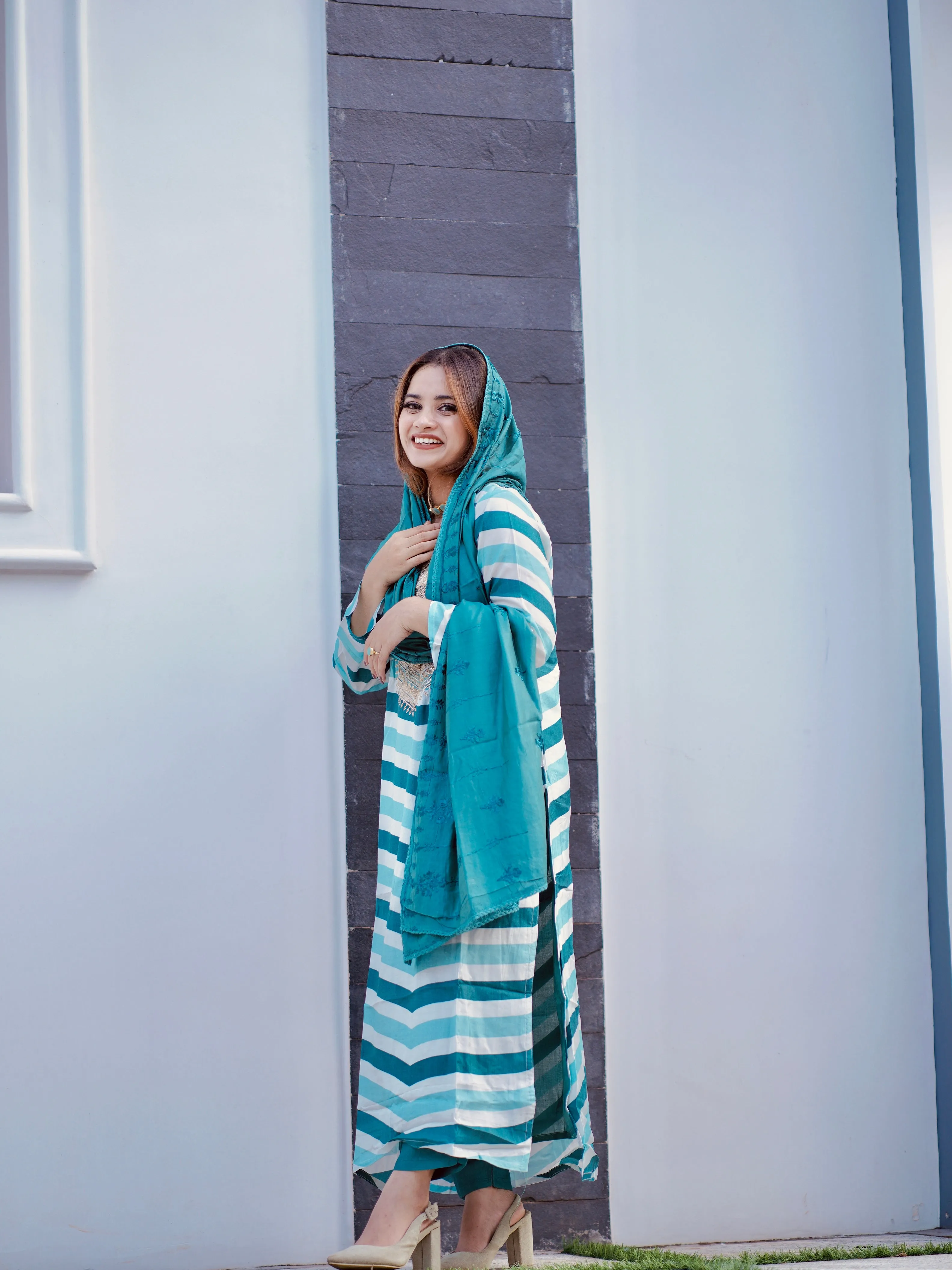 Green and White Stripes Ethnic Salwar with Palazzos and Dupatta (GBTWSH1002)