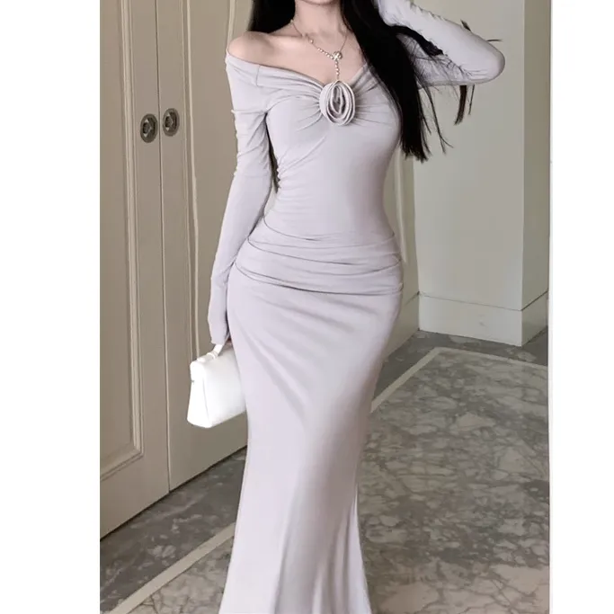 High Waist Floral Long Sleeve Slim Mermaid Dress