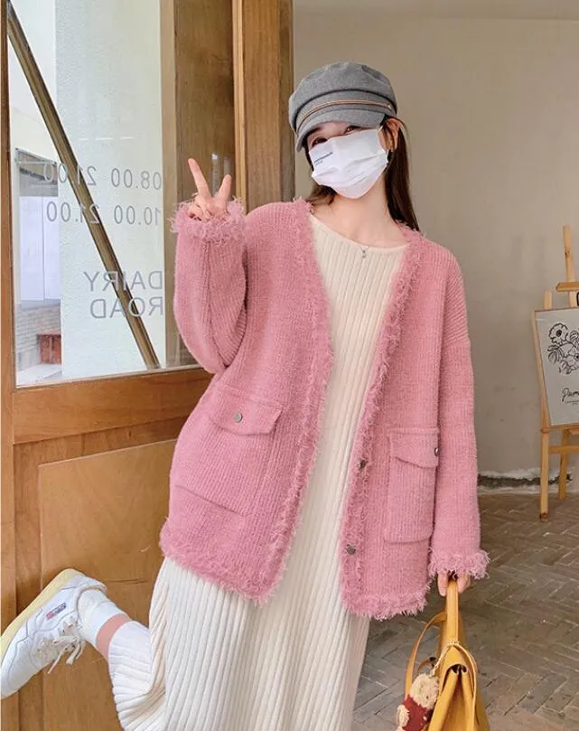 Knitted cardigan short coat pink sweater for woman