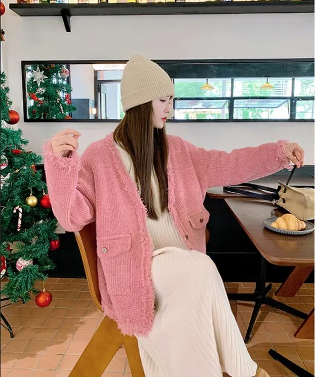 Knitted cardigan short coat pink sweater for woman