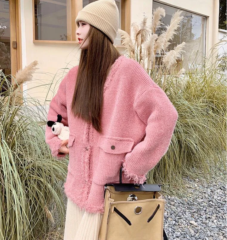 Knitted cardigan short coat pink sweater for woman