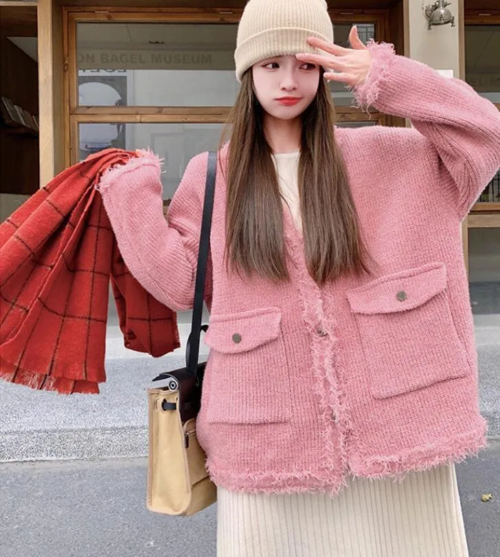 Knitted cardigan short coat pink sweater for woman