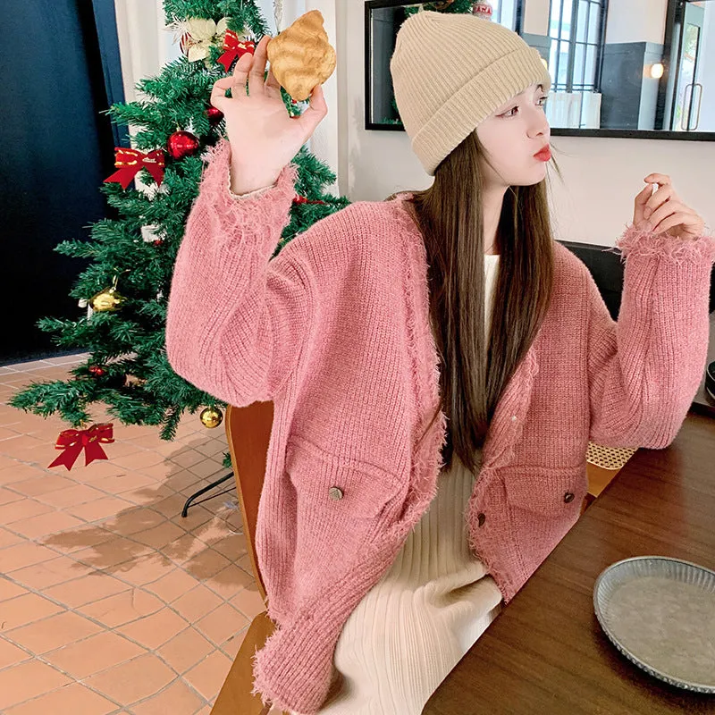 Knitted cardigan short coat pink sweater for woman