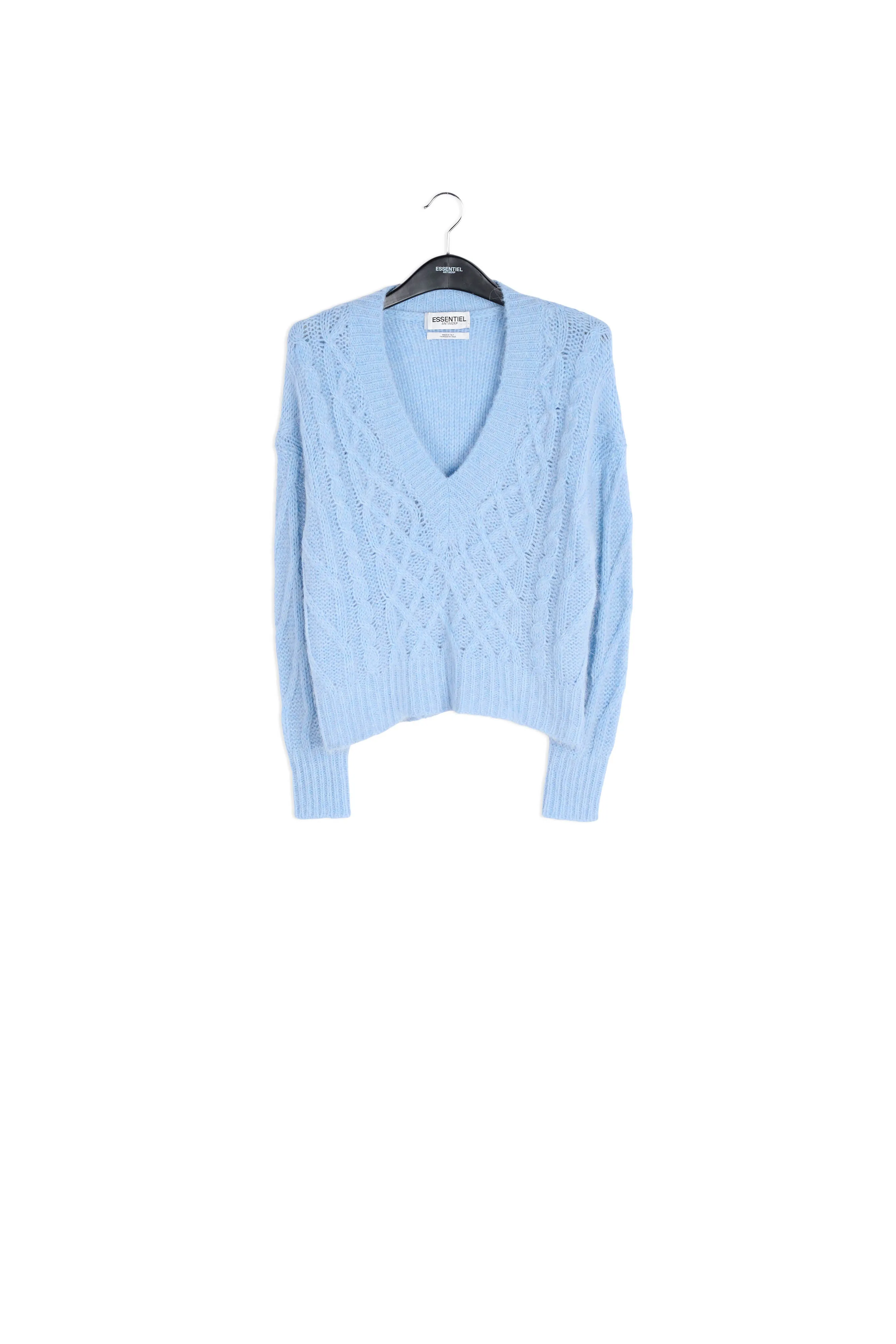 Light blue cable-knit V-neck sweater