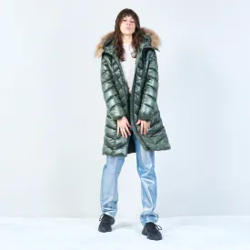 Long puffer coat with fur-lined hood wholesale