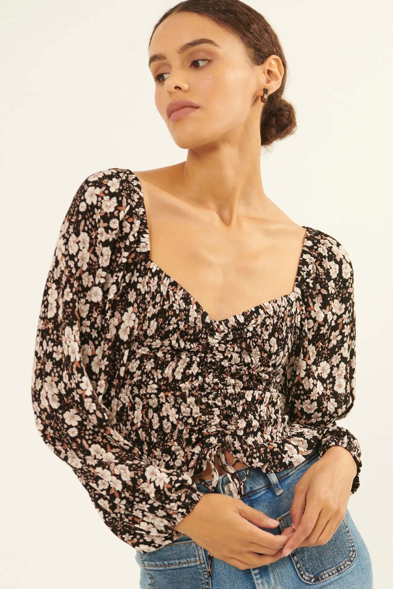 Moonlight Roses Floral Drawstring Peasant Top