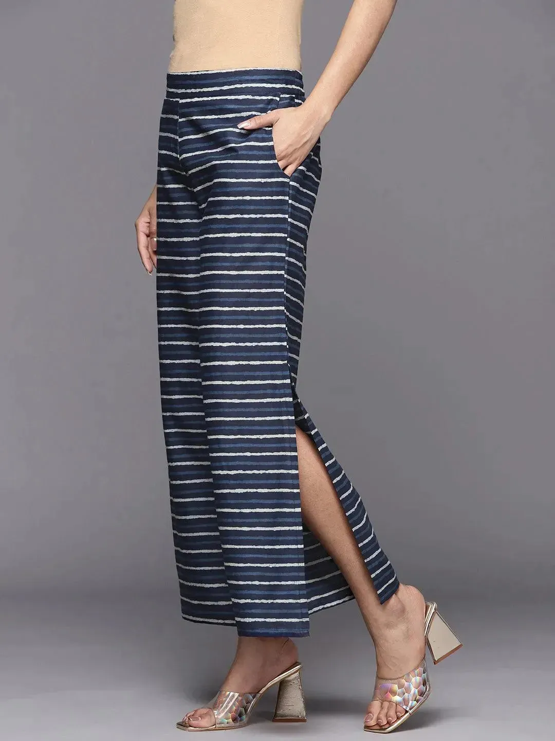 Navy Blue Printed Cotton Palazzos