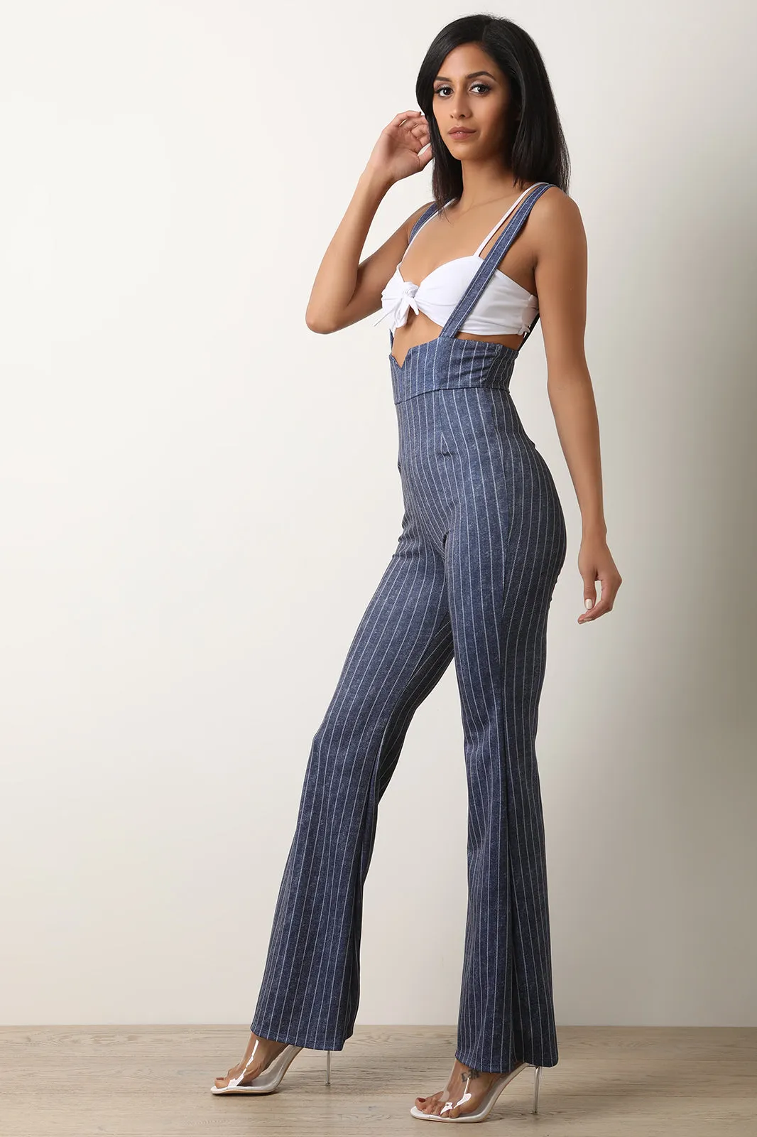 Striped Knotted Crop Top With Palazzo Overalls Set