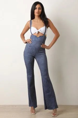 Striped Knotted Crop Top With Palazzo Overalls Set