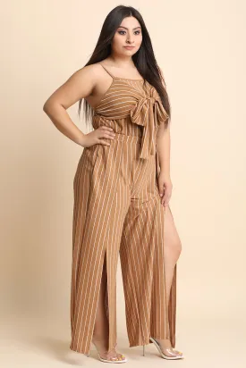 Two-Piece Pin Striped Crop Top With Tulip Slit Palazzo Pants Set