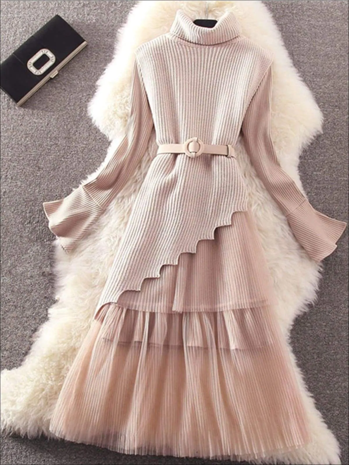 Women's Elegant Pleated Mesh Belted Sweater Dress